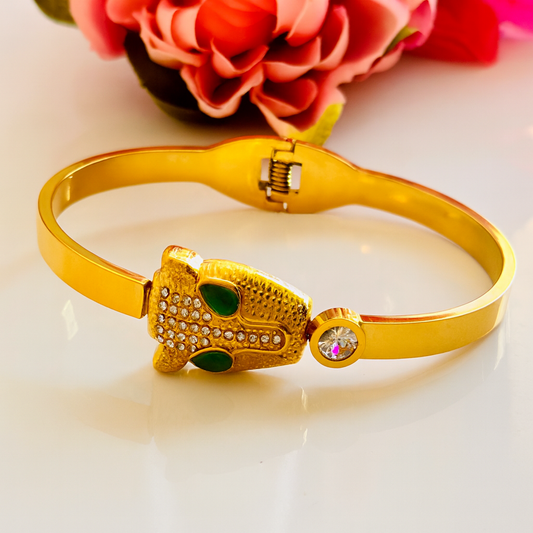 Panther Head Gold Plated Bracelet for Women with Green Enamel & Crystal Detailing | Anti-Tarnish Fashion Jewelry