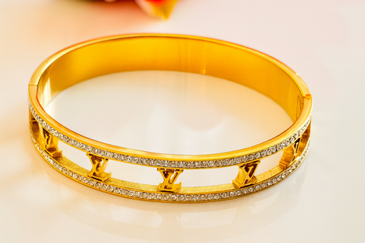 Gold-Plated Openwork Bangle for Women with Twin Crystal Rails, Hypoallergenic & Anti-Tarnish