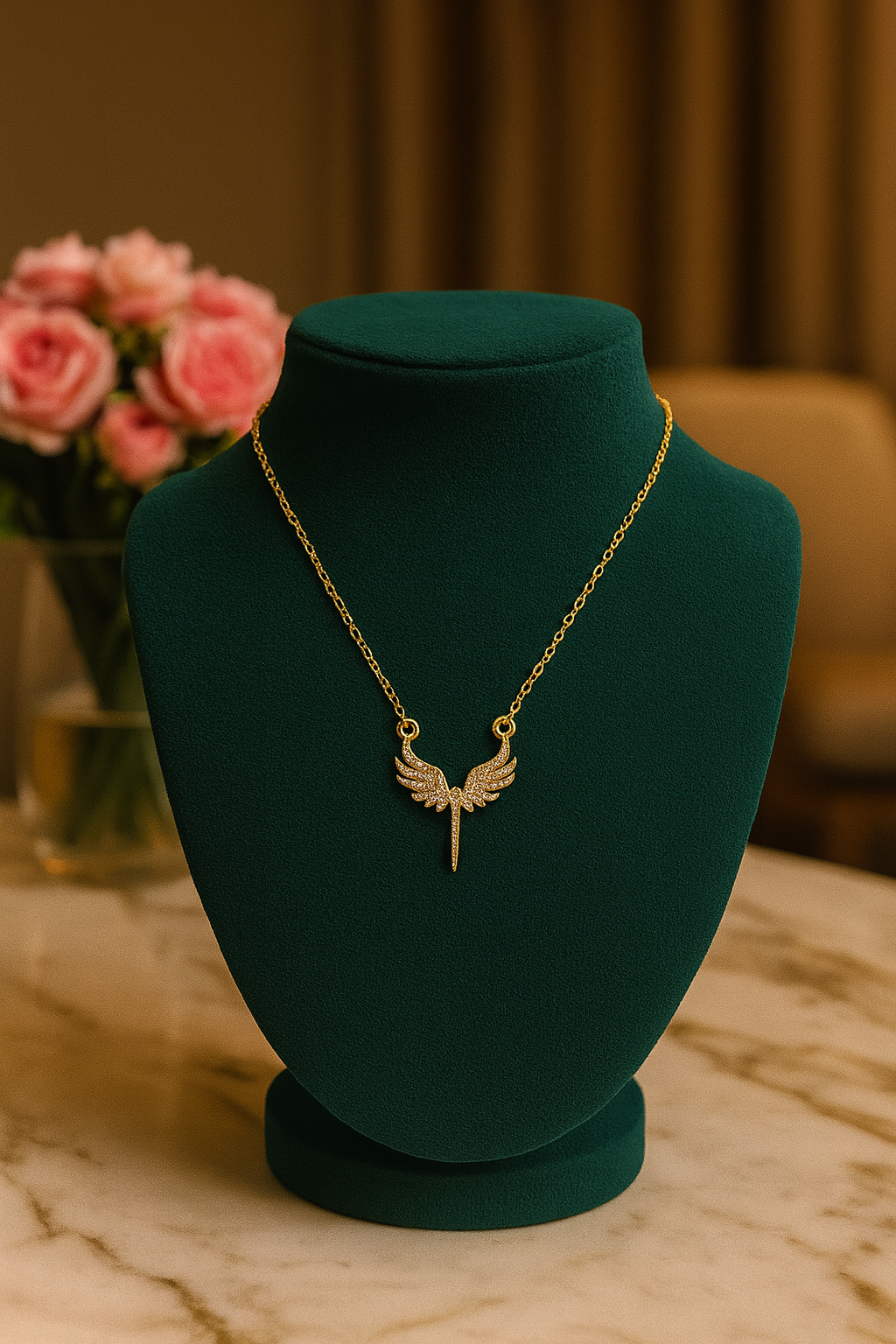 Stainless Steel Angel Wing Pendant Necklace with Cubic Zirconia Crystals, Anti-Tarnish Women’s Jewelry
