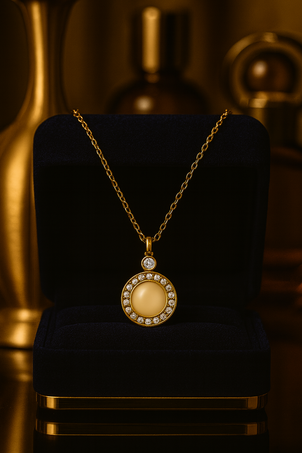 Round Pendant Necklace with Crystal Halo & Mother-of-Pearl Center | Anti-Tarnish Women’s Jewelry