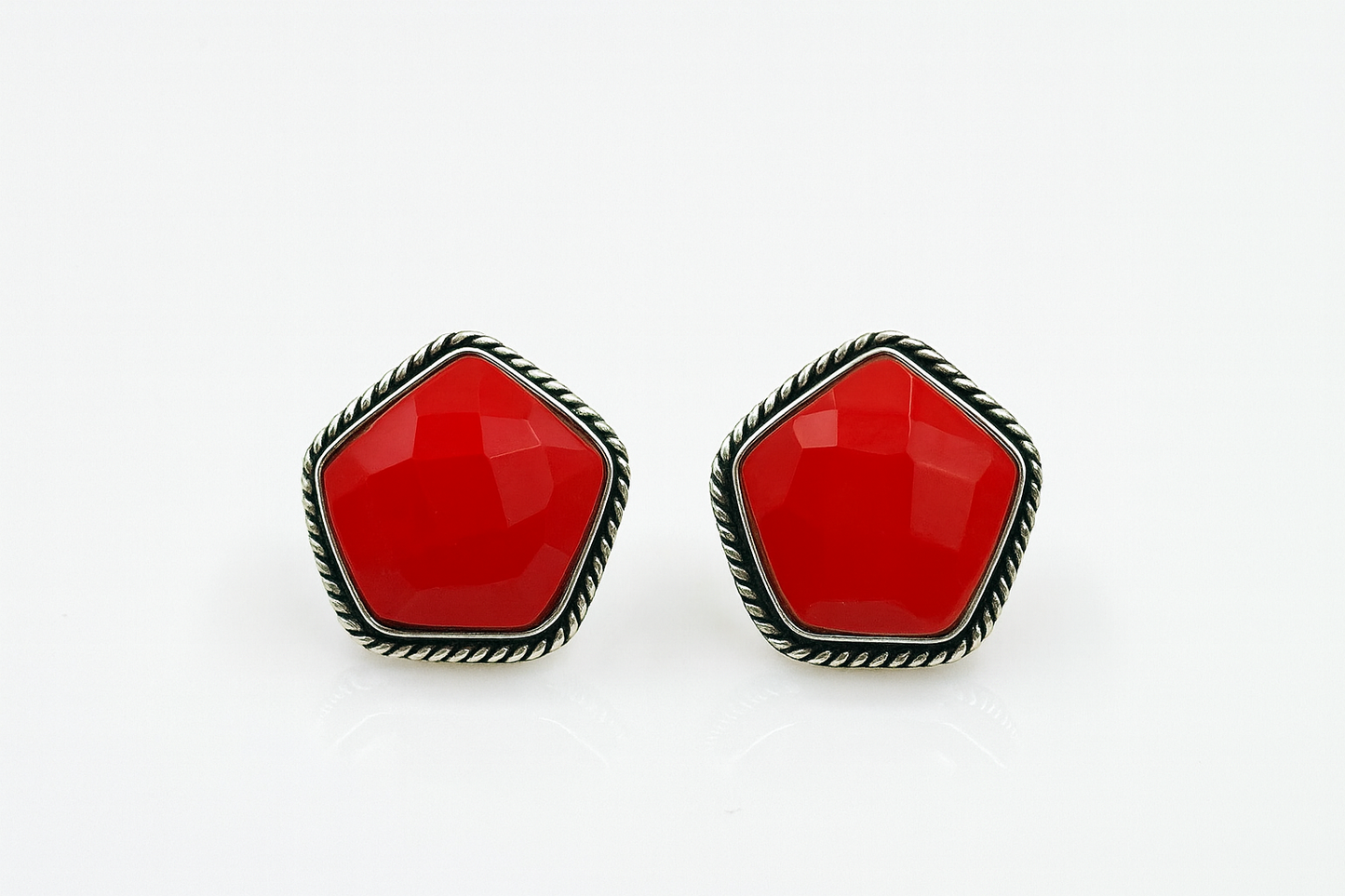 Red Faceted Stone Stud Earrings with Silver-Tone Twisted Border | Elegant Women’s Jewelry