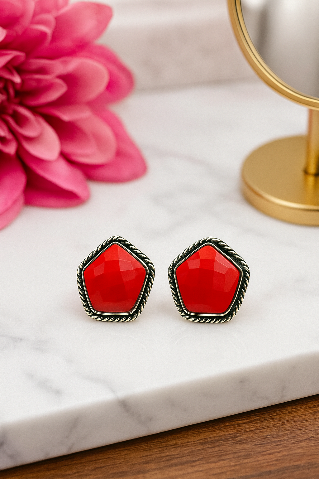 Red Faceted Stone Stud Earrings with Silver-Tone Twisted Border | Elegant Women’s Jewelry