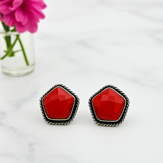 Red Faceted Stone Stud Earrings with Silver-Tone Twisted Border | Elegant Women’s Jewelry