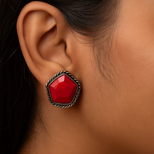 Red Faceted Stone Stud Earrings with Silver-Tone Twisted Border | Elegant Women’s Jewelry