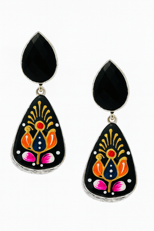 Black Enamel Floral Dangle Earrings