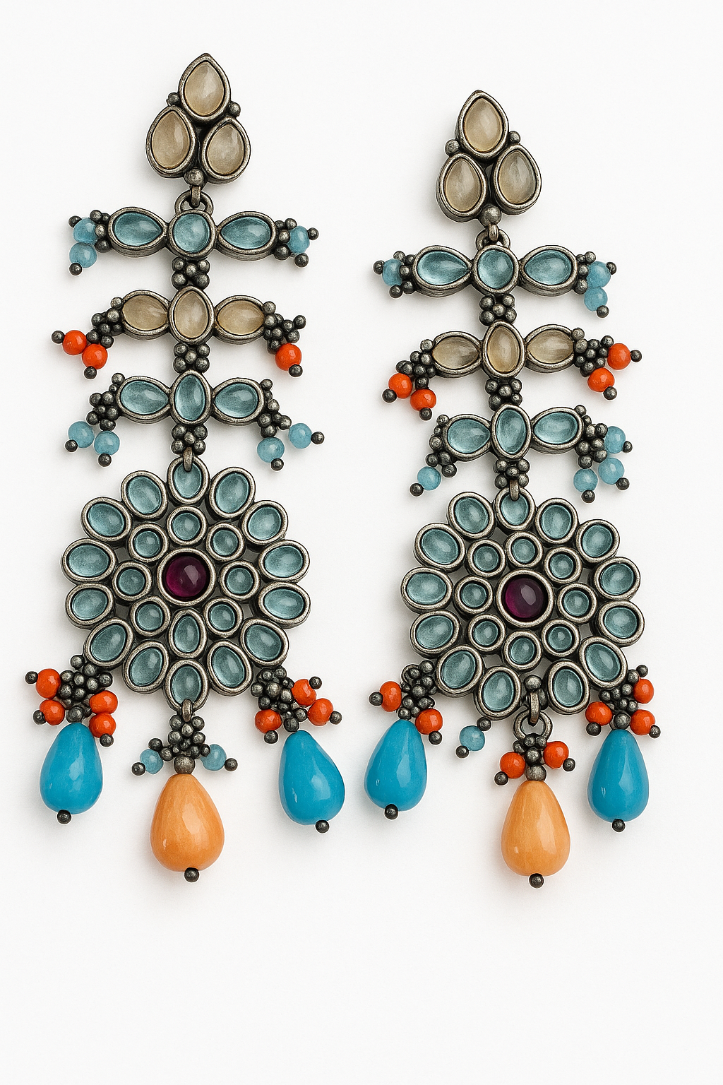 Oxidised Floral Chandelier Earrings