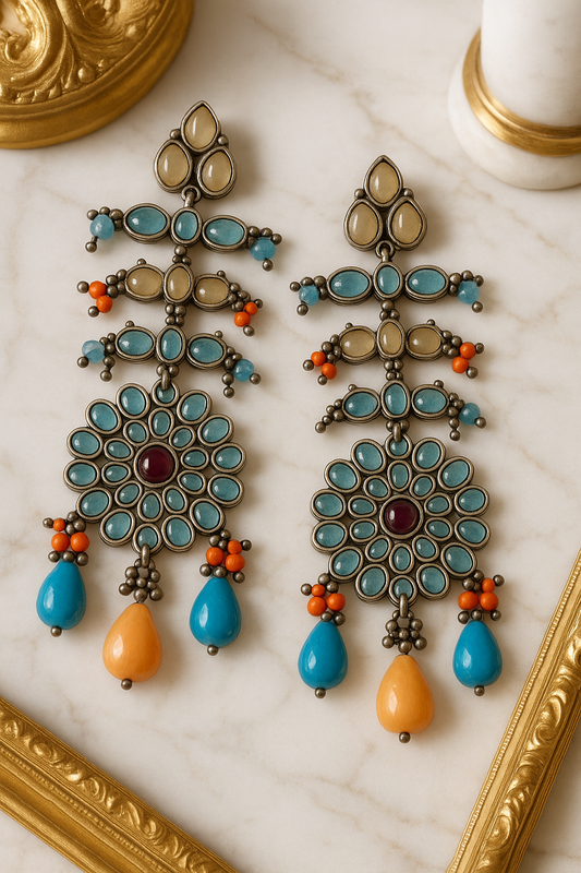 Oxidised Floral Chandelier Earrings