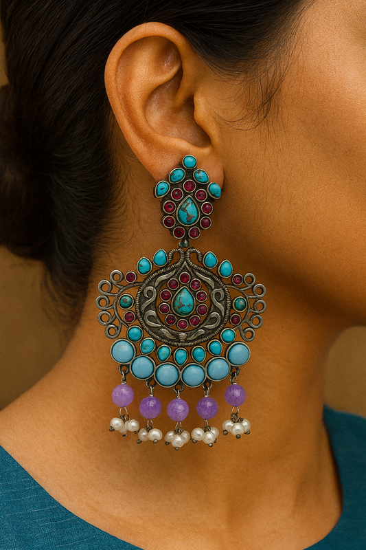 Oxidised Silver Dangle Earrings with Turquoise, Purple & Pearl Beads | Ethnic Statement Jewelry for Women