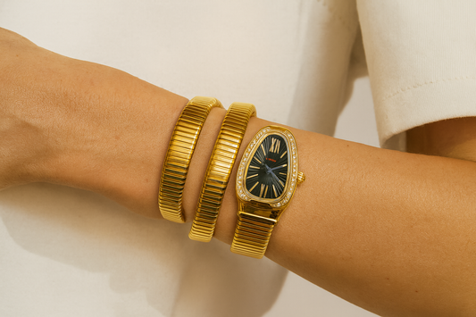 Gold Wrap Bracelet Watch with Black Teardrop Dial & Crystal Bezel | Women’s Fashion Wristwatch