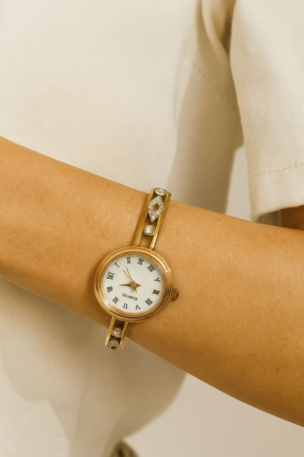 Stainless Steel Gold Bangle Watch with White Roman Dial & Crystal Motif Strap | Women’s Wristwatch