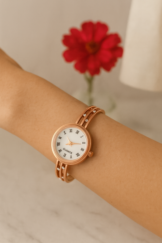 Rose Gold Bangle Watch with White Roman Dial & Crystal Triple Band Strap | Women’s Wristwatch