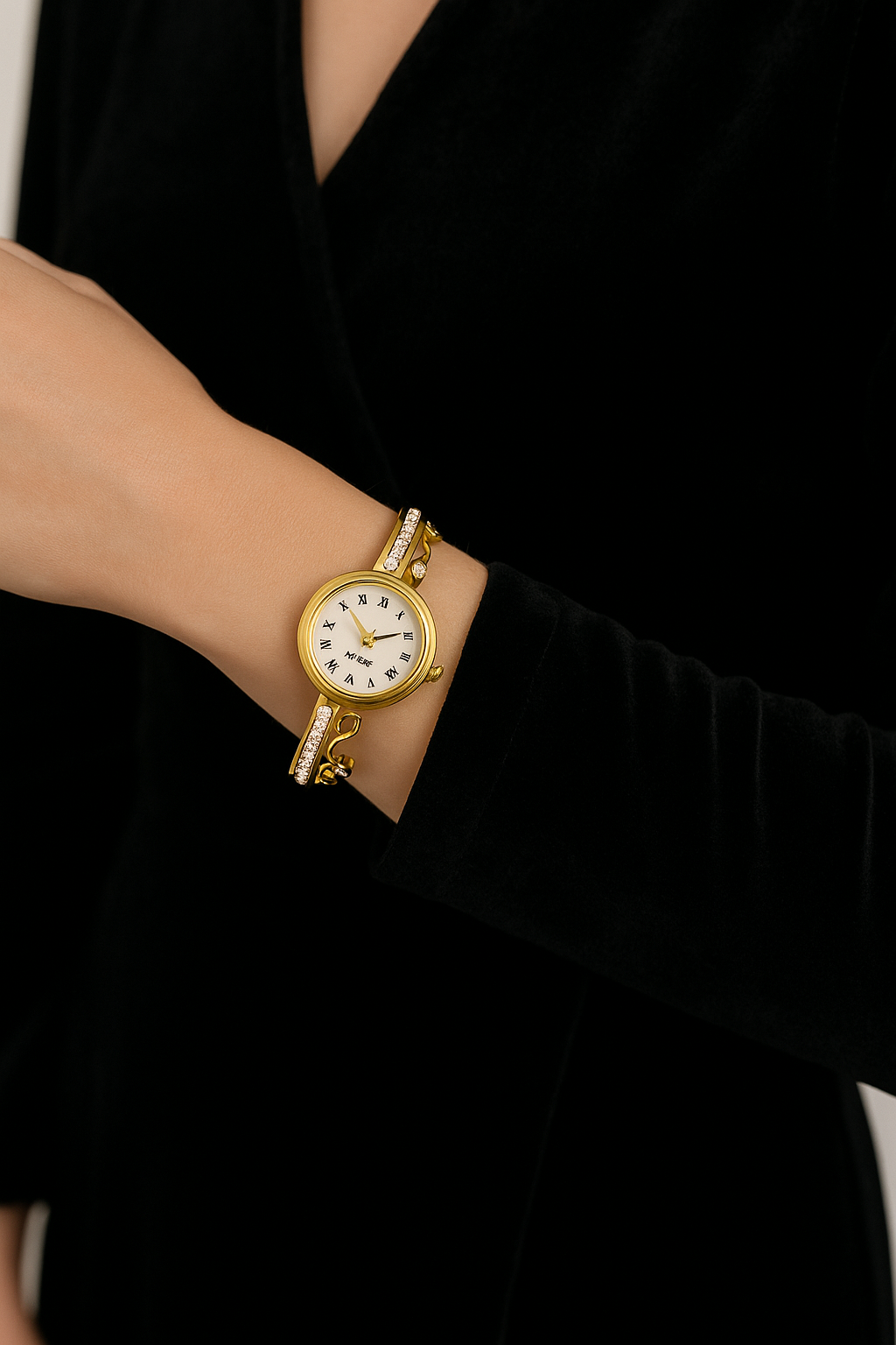 Gold Crown Bracelet Watch with White Roman Dial & Crystal Strap | Women’s Wristwatch