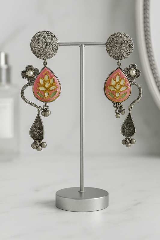 Oxidised Pink Floral Drop Earrings for Women & Girls