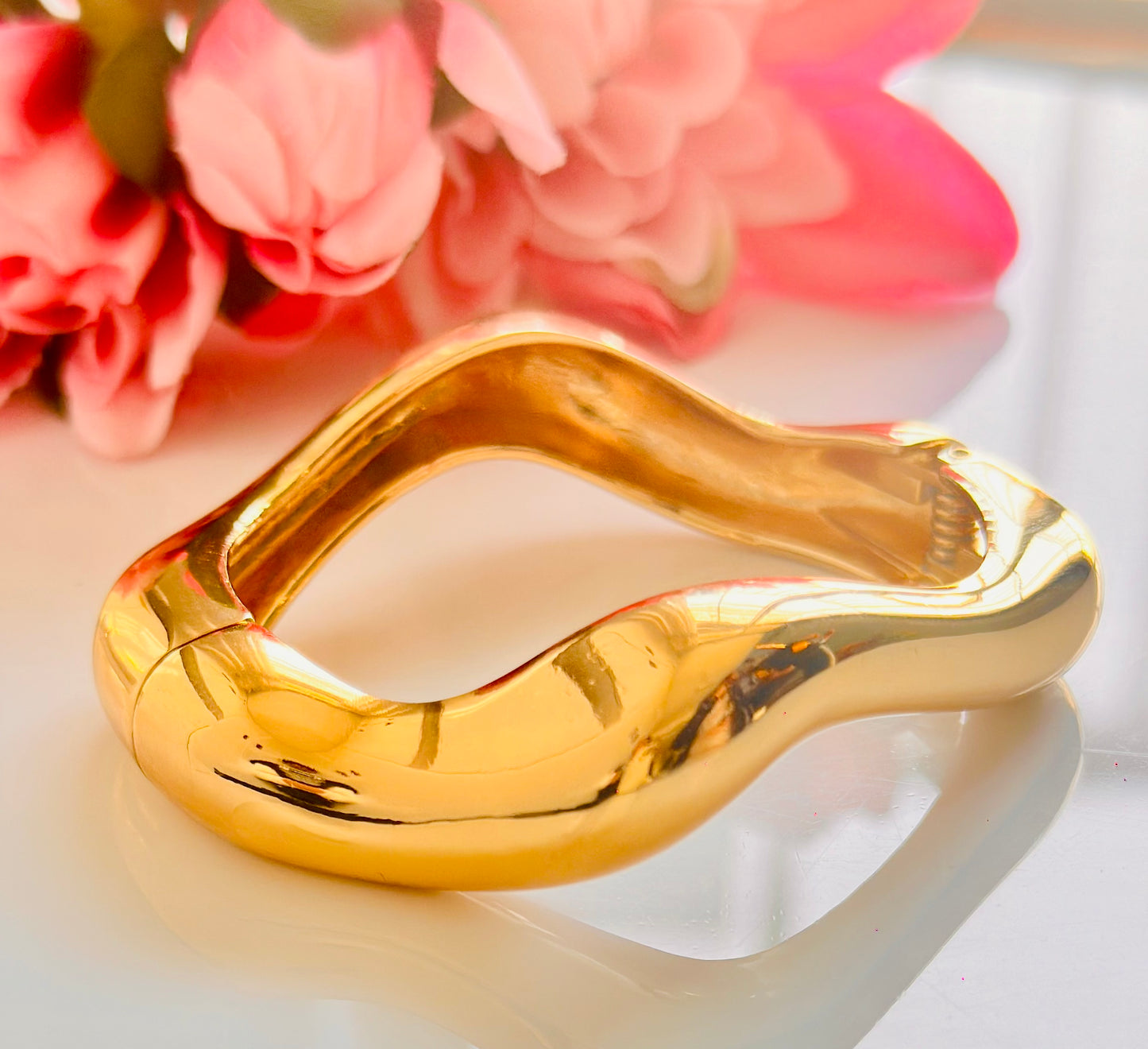 Gold-Plated Liquid Wave Hinged Bangle for Women, Sculptural Statement Cuff, Hypoallergenic & Anti-Tarnish