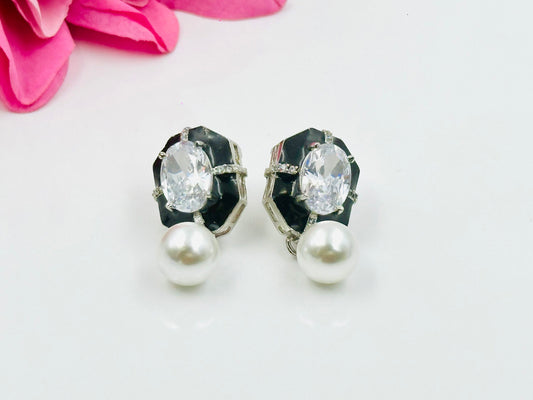 Myrah Elegant Stone & Pearl Black Earrings