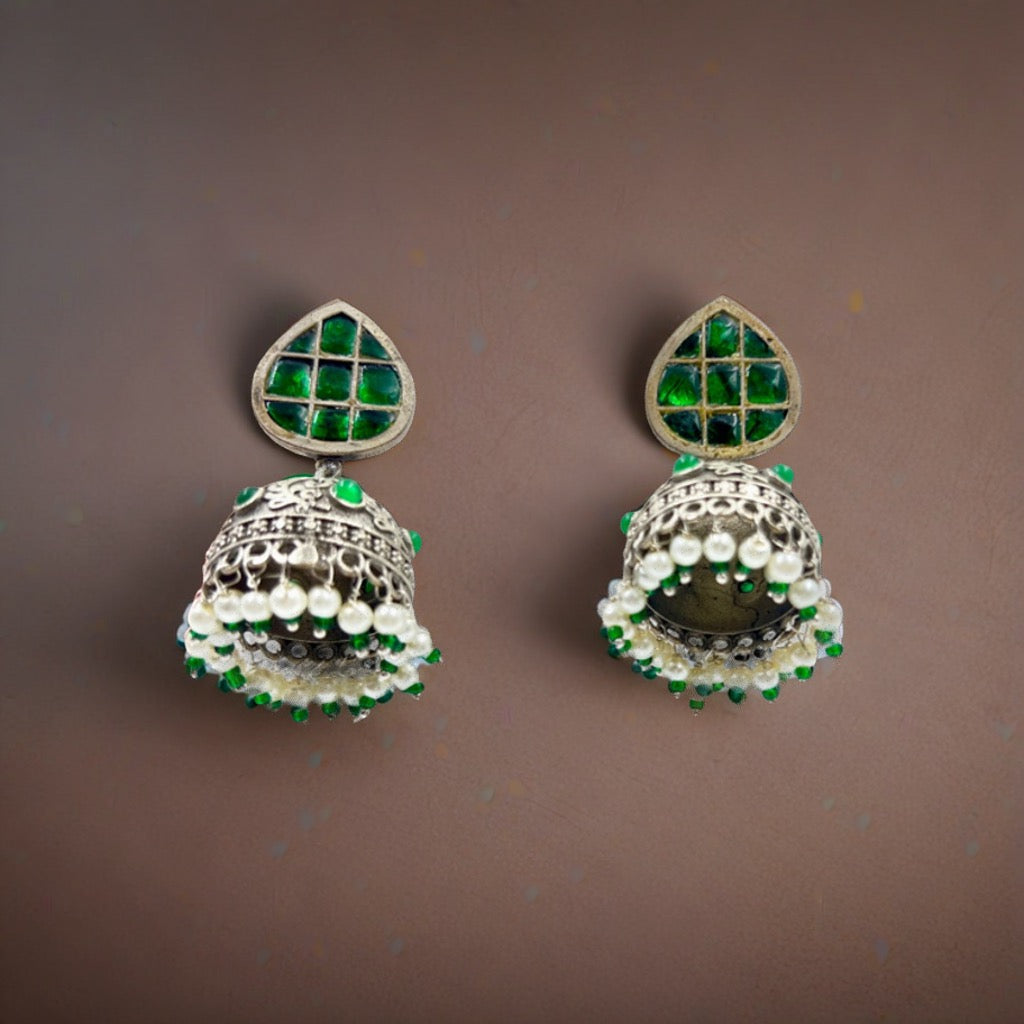 Arshiya Green Stone Studded Oxidized Jhumka Earrings