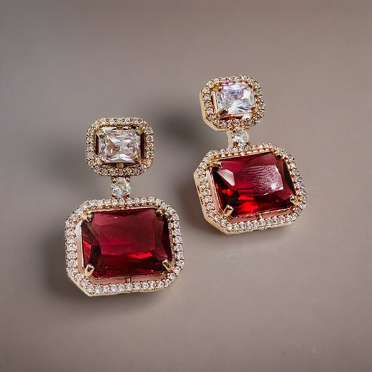 ELEGANT ROSE GOLD AND RUBY GLASS STONE STUDDED EARRING