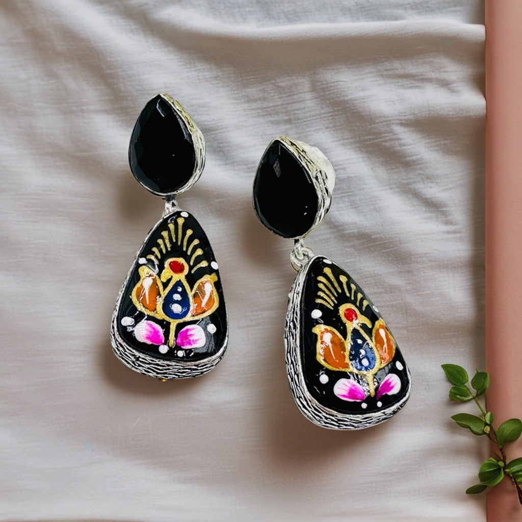 BLACK OXIDISED EARRINGS WITH MEENAKARI WORK