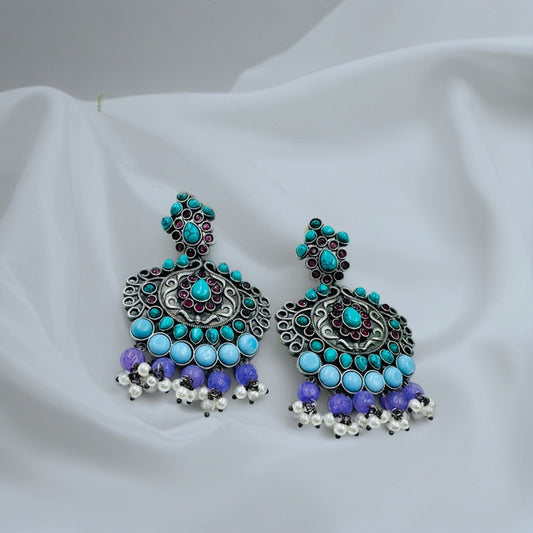 Oxidised Silver Dangle Earrings with Turquoise, Purple & Pearl Beads | Ethnic Statement Jewelry for Women