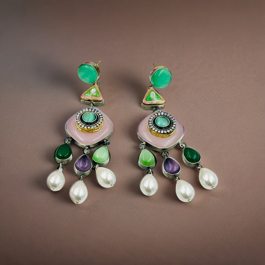 Geometric Kundan Studded & Beaded Drop Earrings S_1