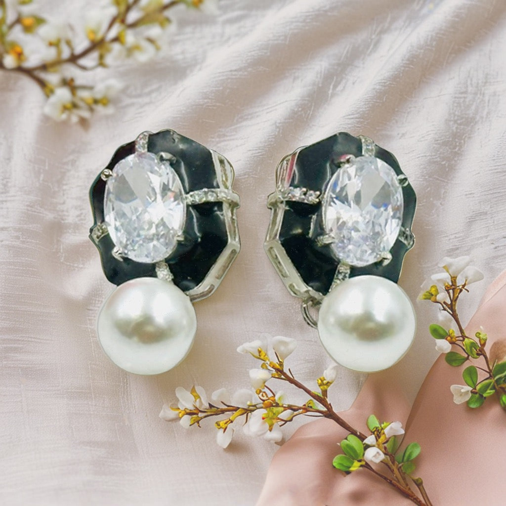 Myrah Elegant Stone & Pearl Black Earrings