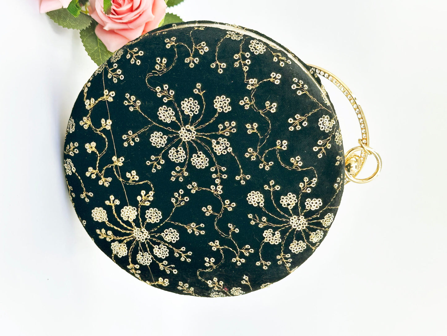 Luxury Black Velvet Round Clutch with Golden Embroidery & Ring Handle – Party & Wedding Bag