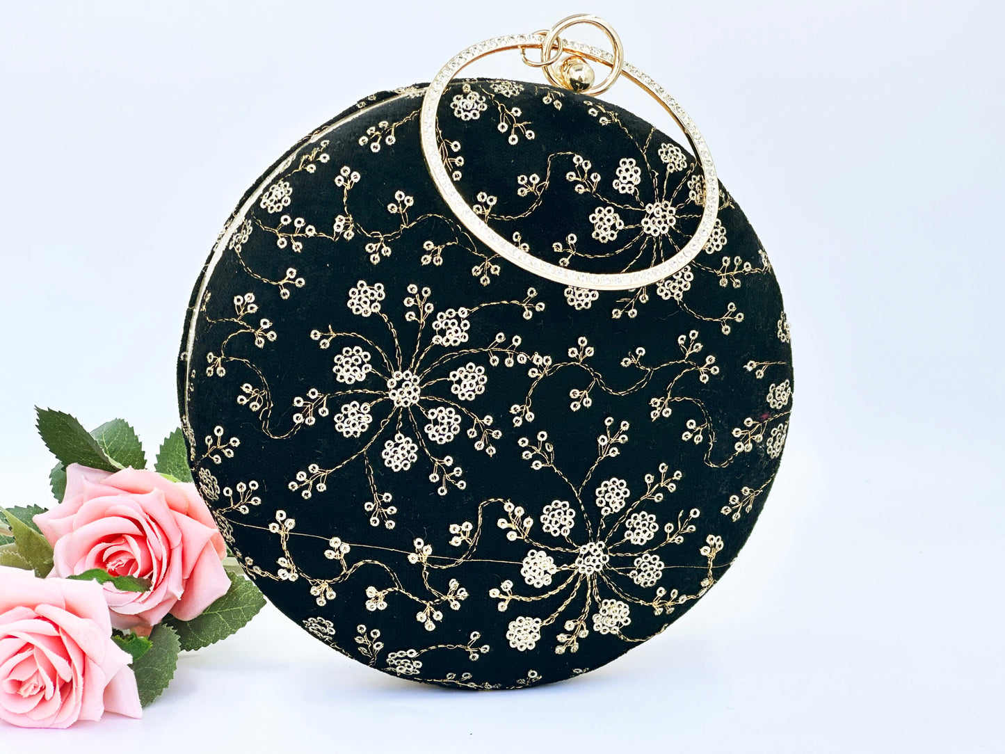 Luxury Black Velvet Round Clutch with Golden Embroidery & Ring Handle – Party & Wedding Bag