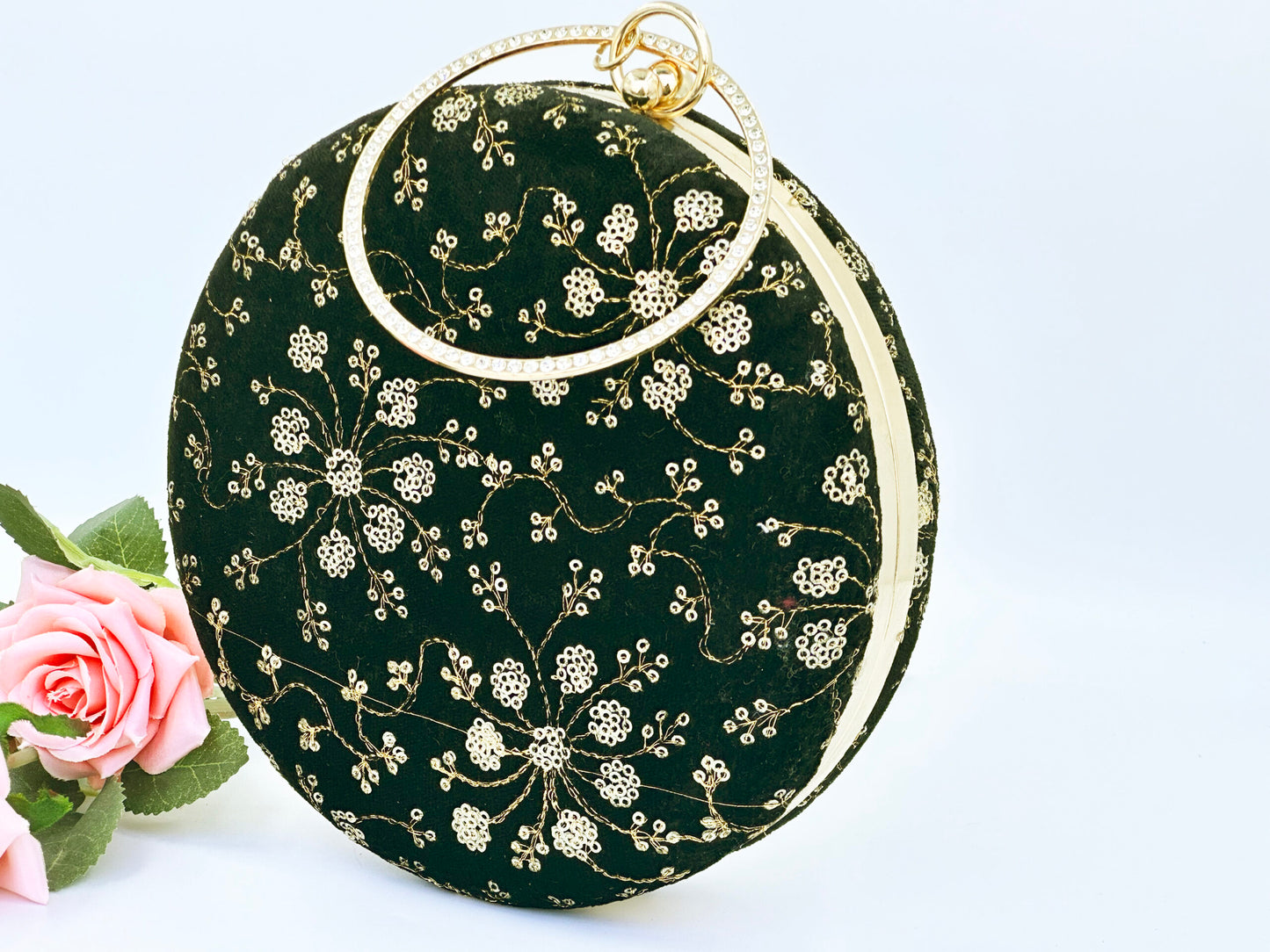 Luxury Black Velvet Round Clutch with Golden Embroidery & Ring Handle – Party & Wedding Bag