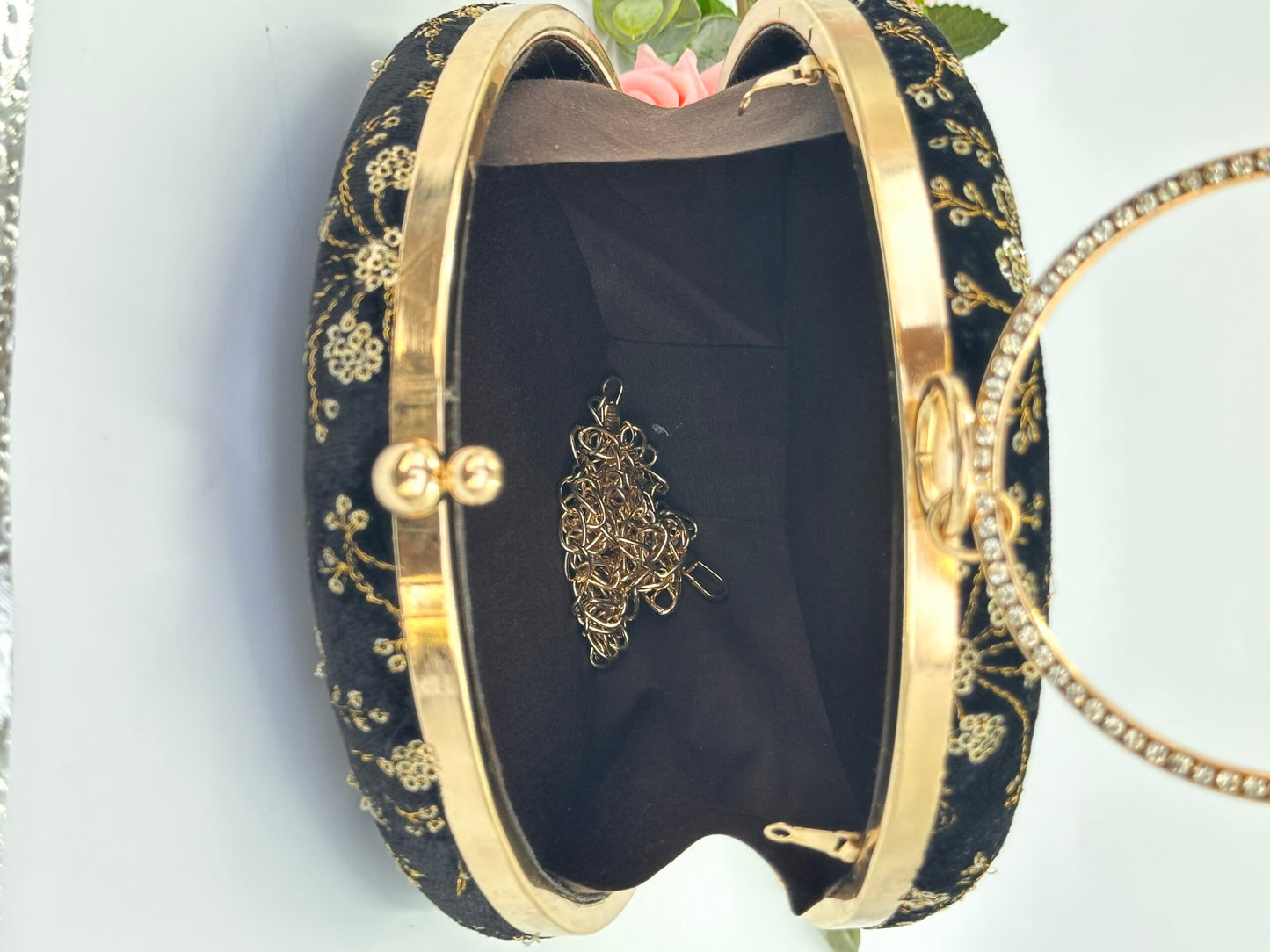 Luxury Black Velvet Round Clutch with Golden Embroidery & Ring Handle – Party & Wedding Bag