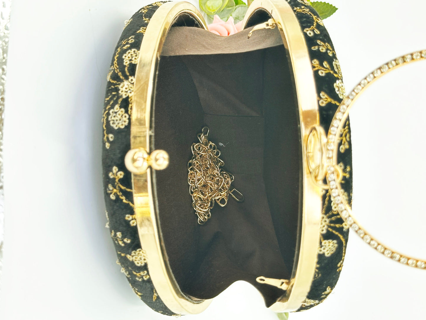 Luxury Black Velvet Round Clutch with Golden Embroidery & Ring Handle – Party & Wedding Bag