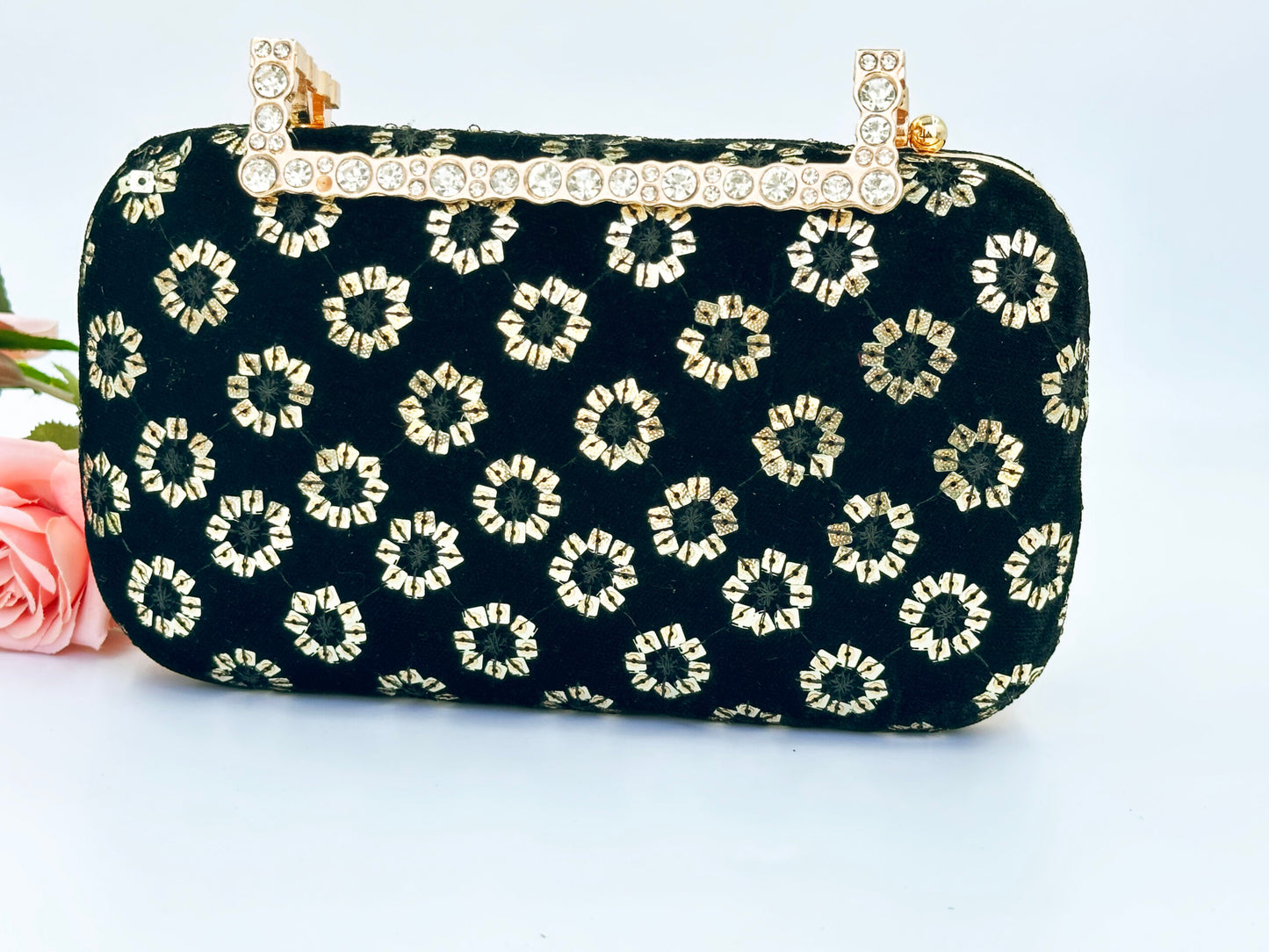 Luxury Black Velvet Clutch with Gold Embroidery & Crystal-Studded Handle – Evening & Party Bag