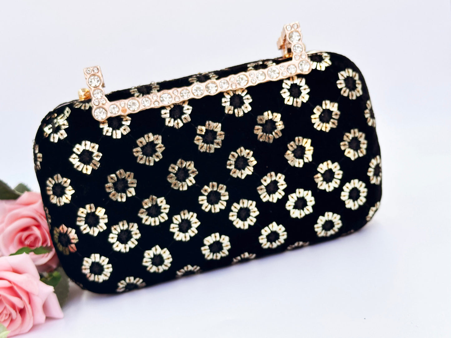 Luxury Black Velvet Clutch with Gold Embroidery & Crystal-Studded Handle – Evening & Party Bag