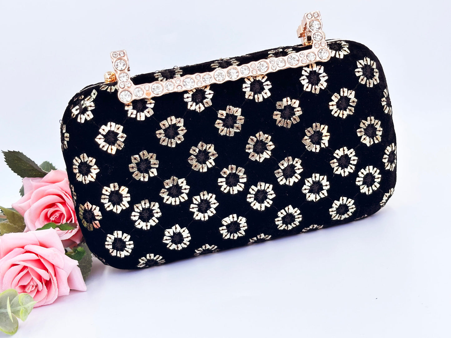 Luxury Black Velvet Clutch with Gold Embroidery & Crystal-Studded Handle – Evening & Party Bag