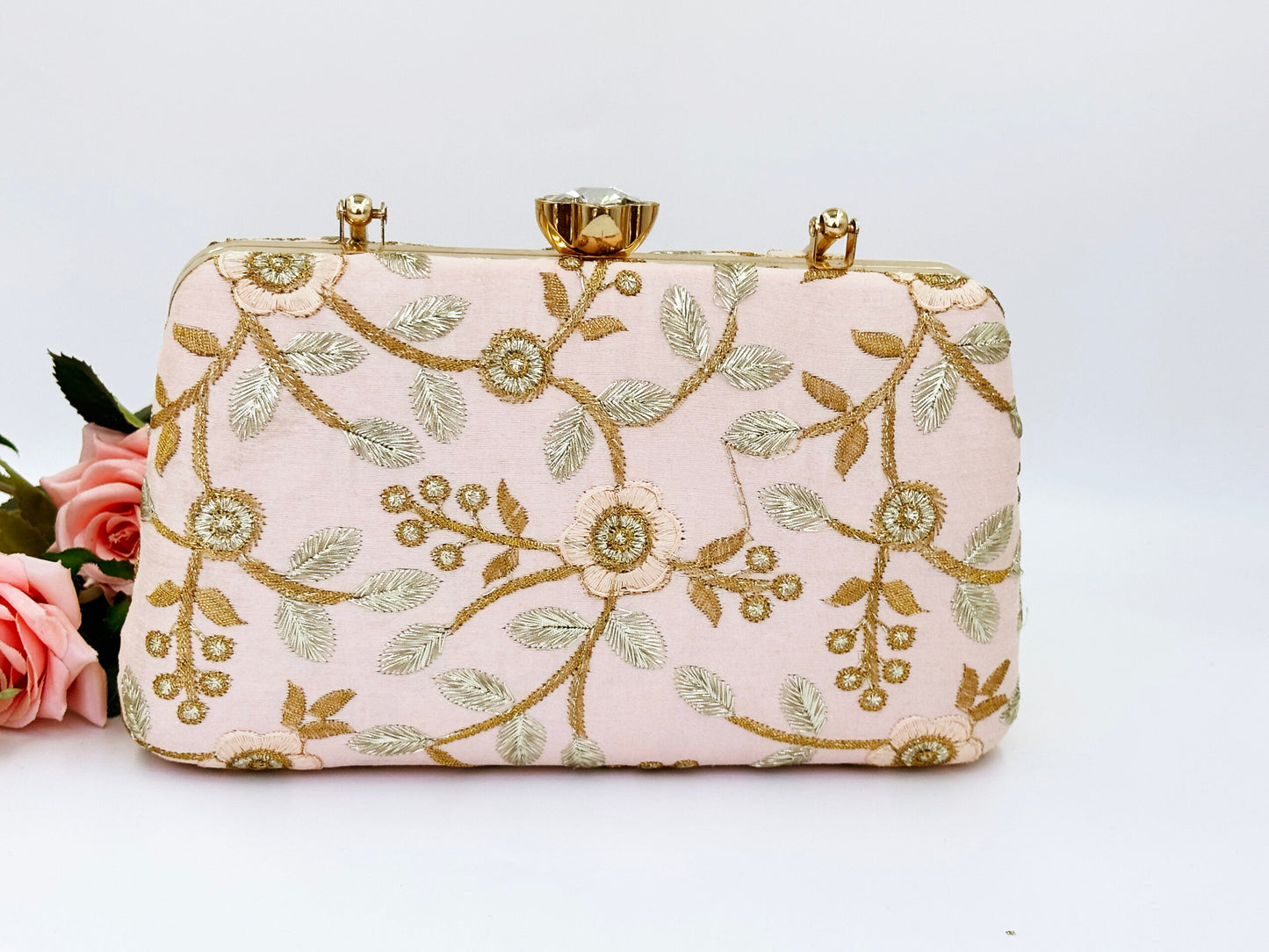 Blush Pink Clutch with Gold Floral Embroidery – Wedding & Party Handbag