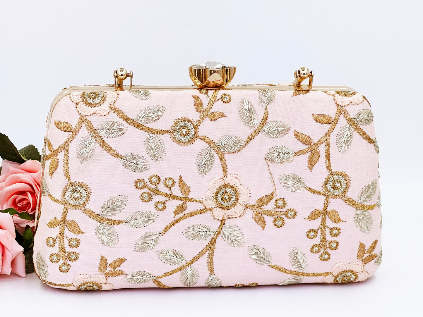 Blush Pink Clutch with Gold Floral Embroidery – Wedding & Party Handbag