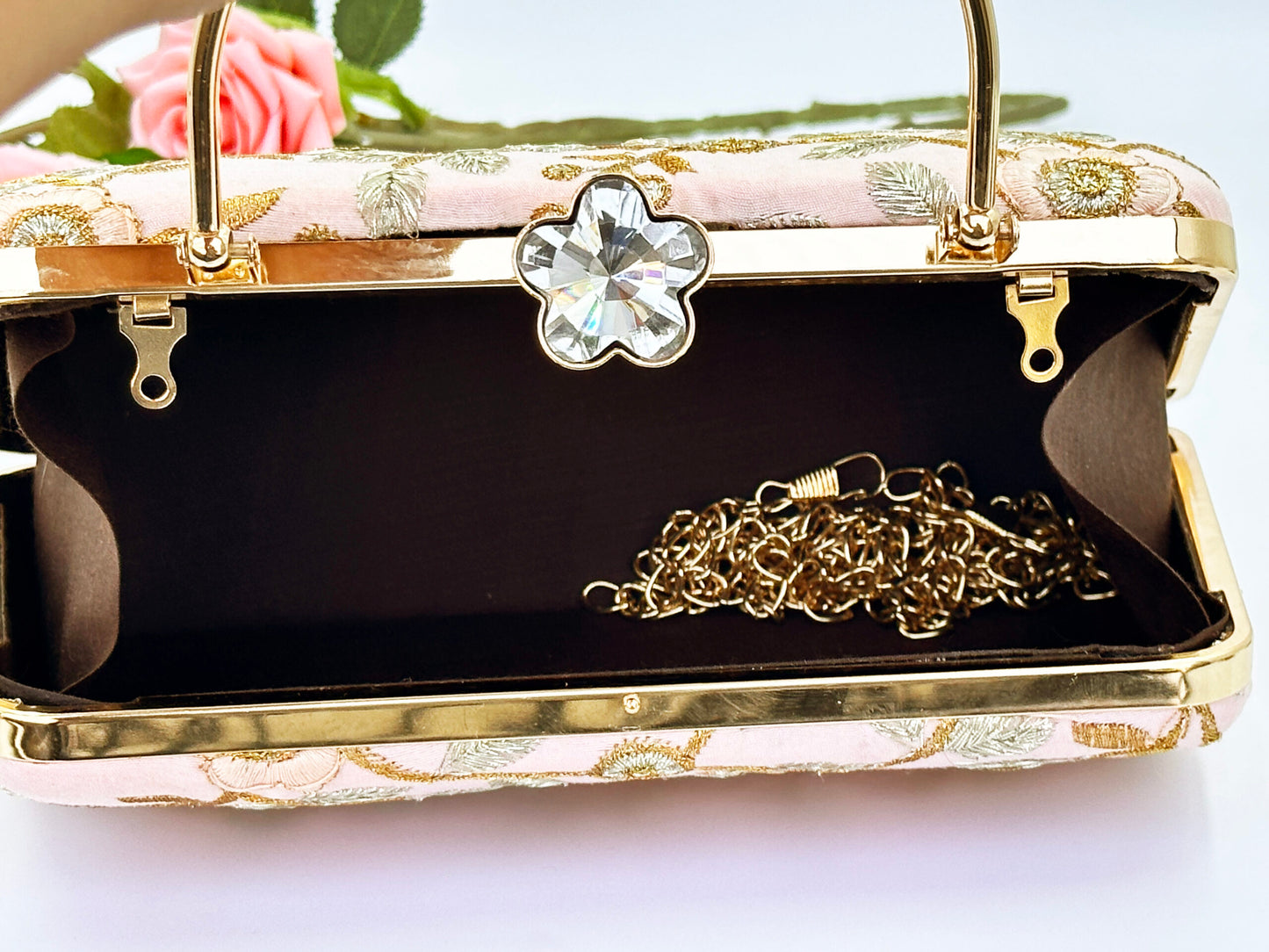 Blush Pink Clutch with Gold Floral Embroidery – Wedding & Party Handbag