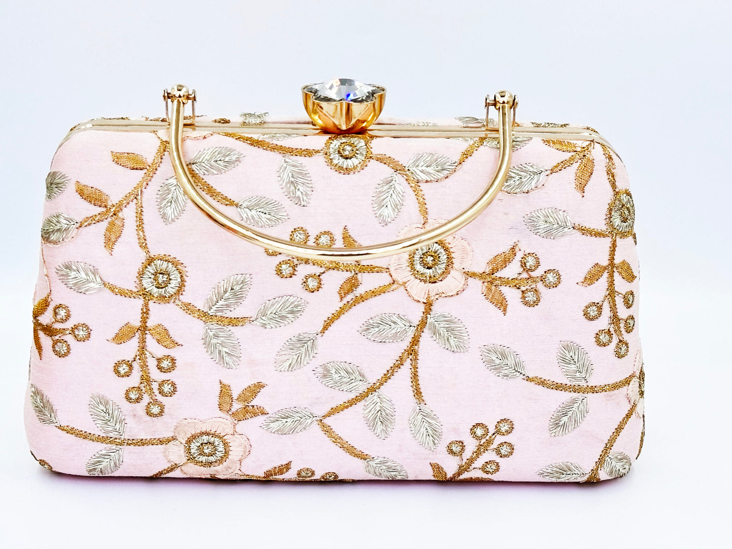 Blush Pink Clutch with Gold Floral Embroidery – Wedding & Party Handbag