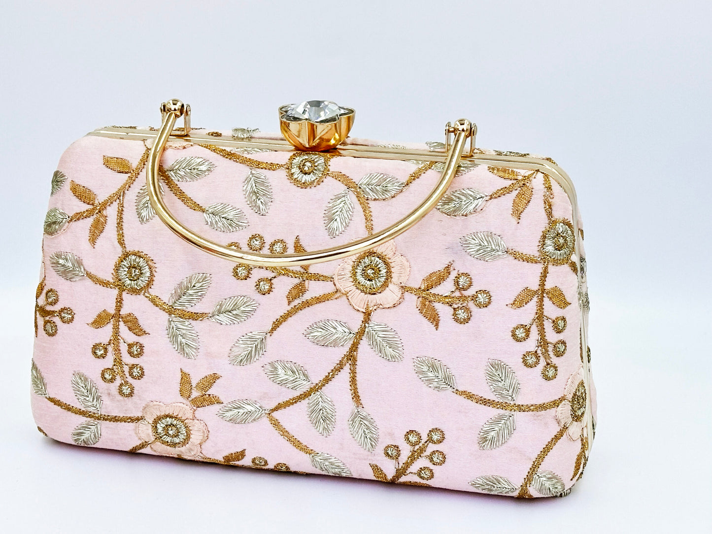 Blush Pink Clutch with Gold Floral Embroidery – Wedding & Party Handbag