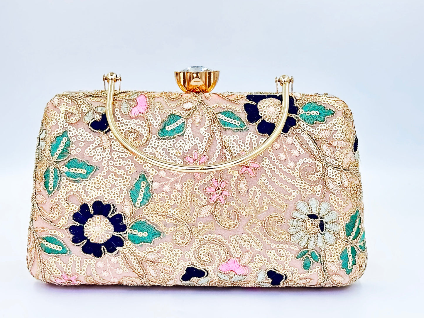 Floral Embroidered Clutch with Gold Sequins and Handle – Wedding & Party Bag
