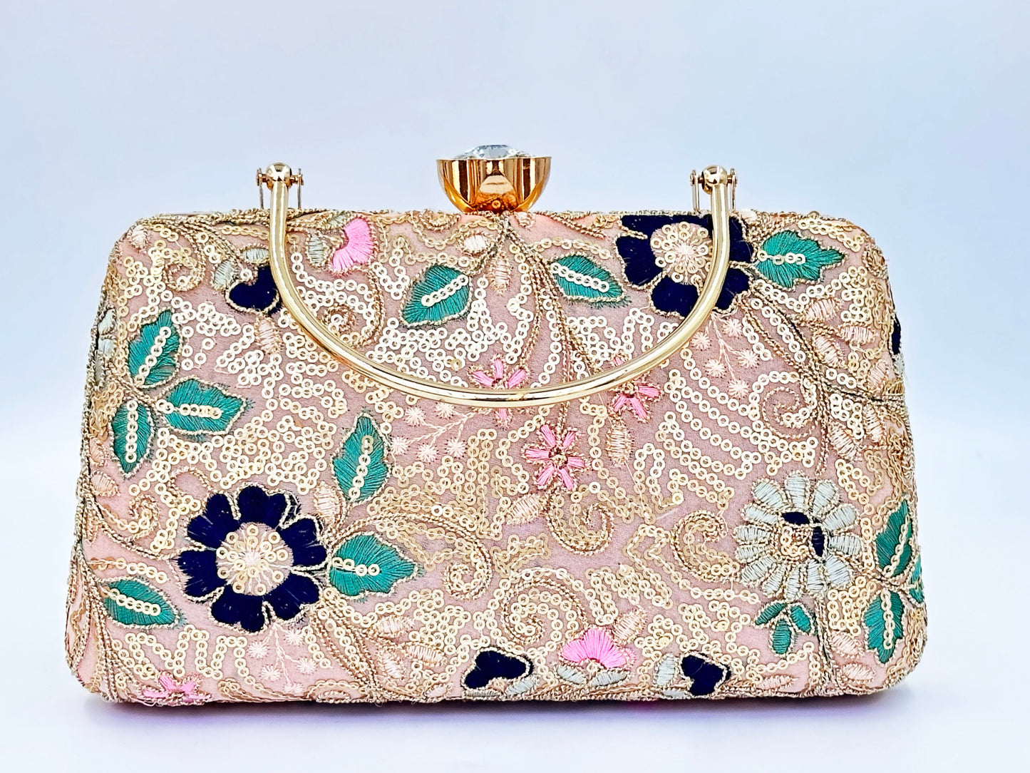 Floral Embroidered Clutch with Gold Sequins and Handle – Wedding & Party Bag