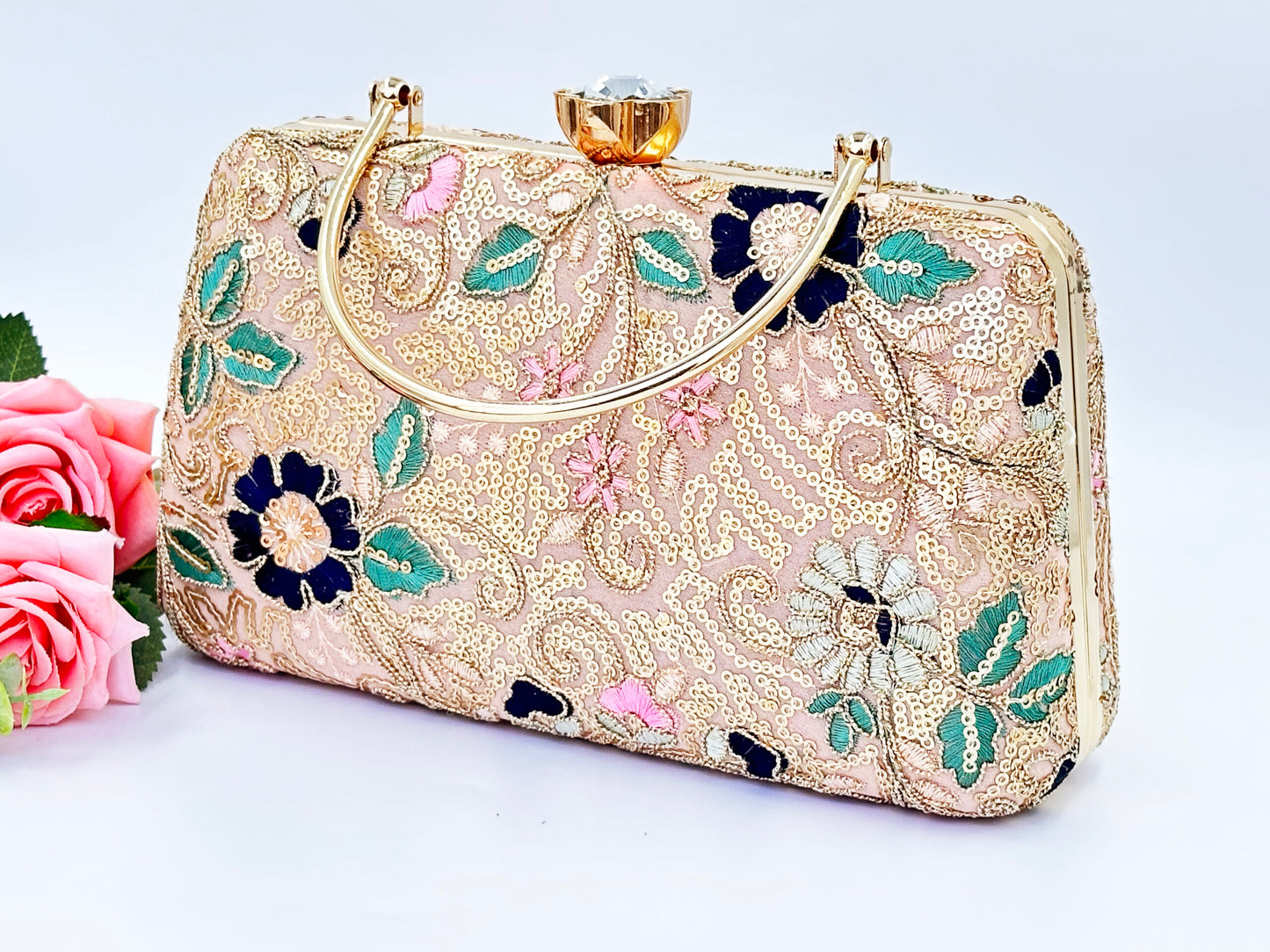 Floral Embroidered Clutch with Gold Sequins and Handle – Wedding & Party Bag
