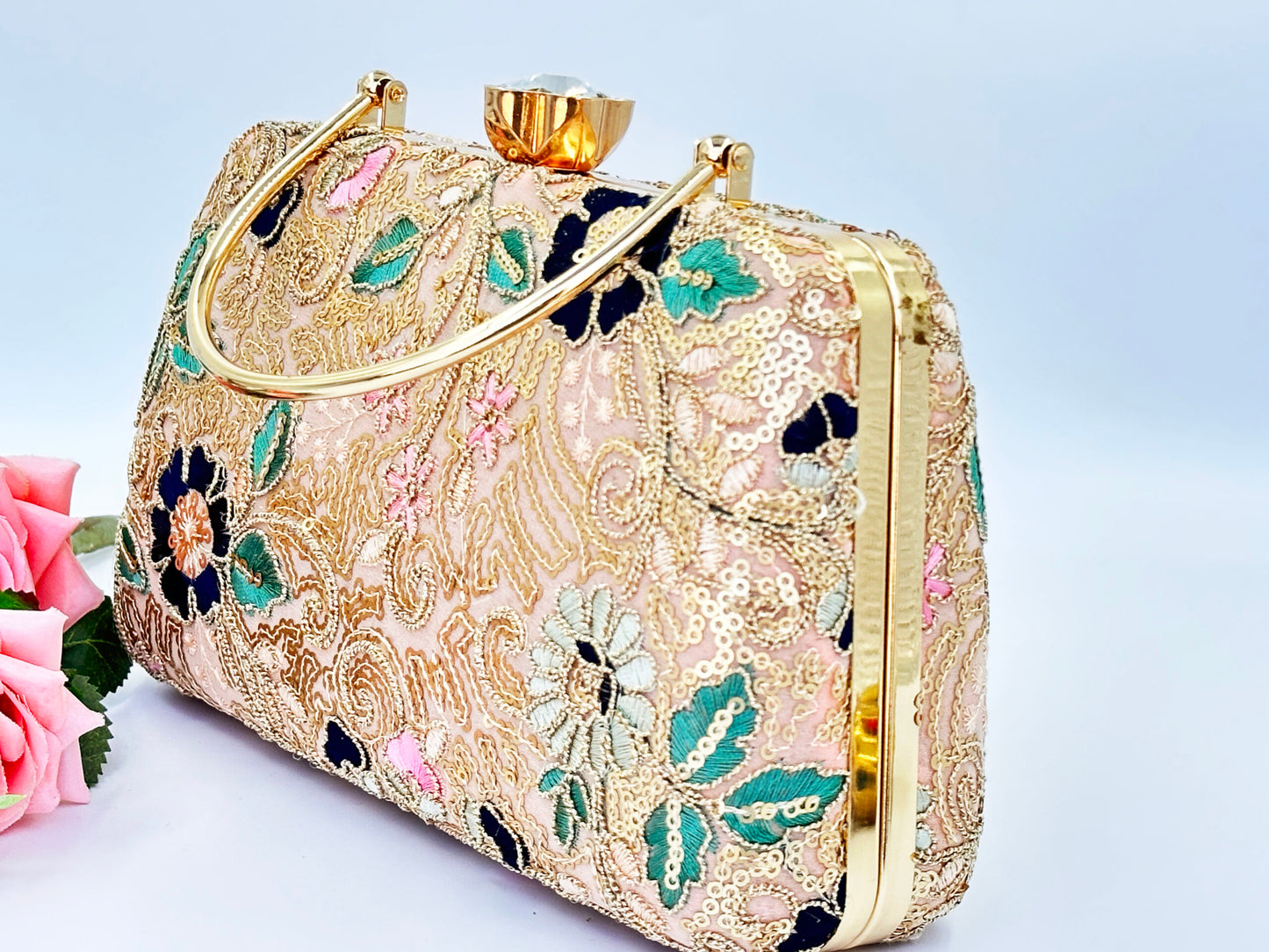 Floral Embroidered Clutch with Gold Sequins and Handle – Wedding & Party Bag