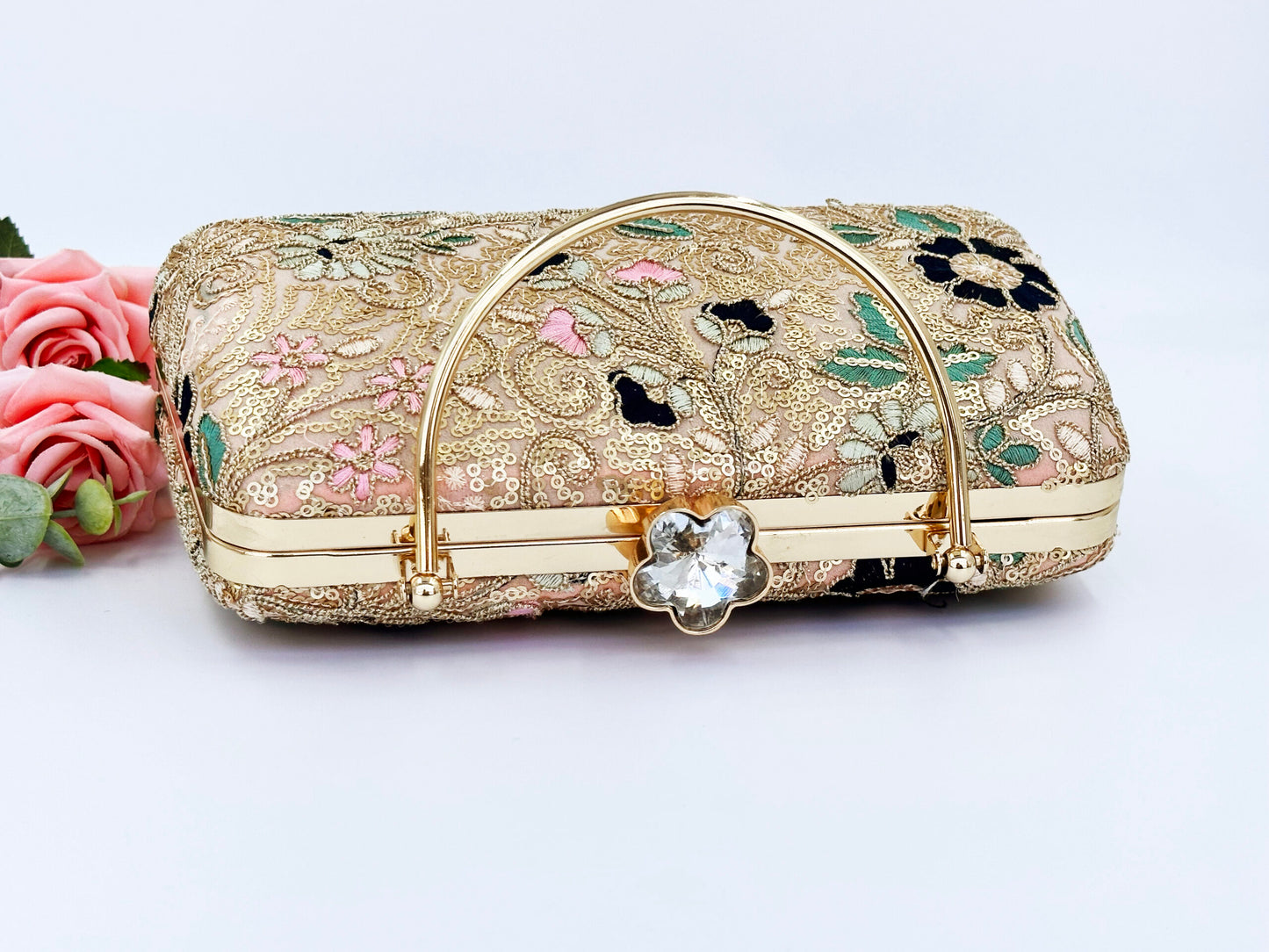 Floral Embroidered Clutch with Gold Sequins and Handle – Wedding & Party Bag