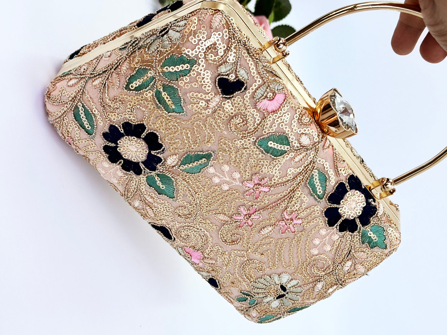 Floral Embroidered Clutch with Gold Sequins and Handle – Wedding & Party Bag