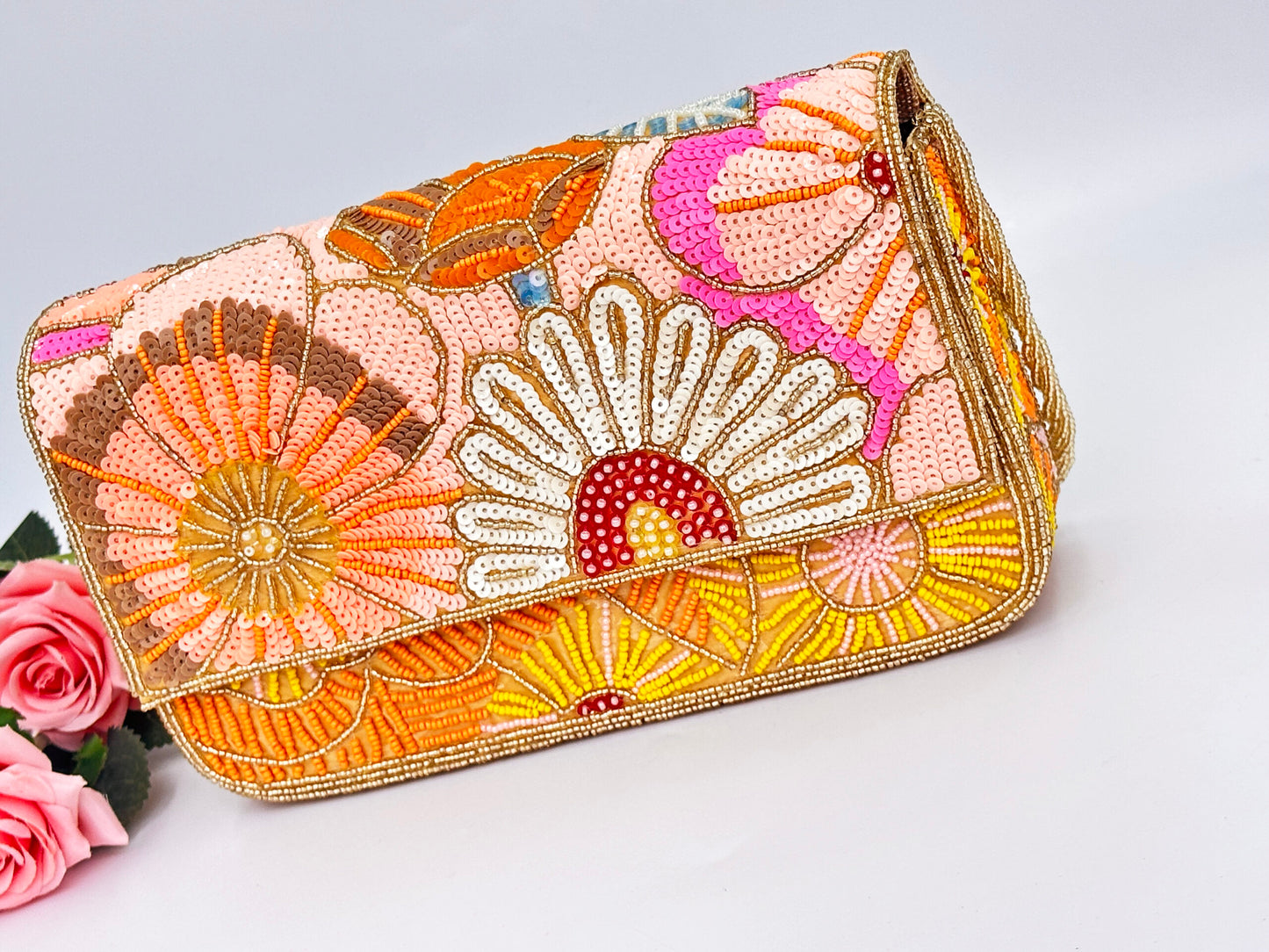 Handcrafted Floral Beaded & Sequin Clutch – 10 x 6 x 2 inch Evening & Party Bag