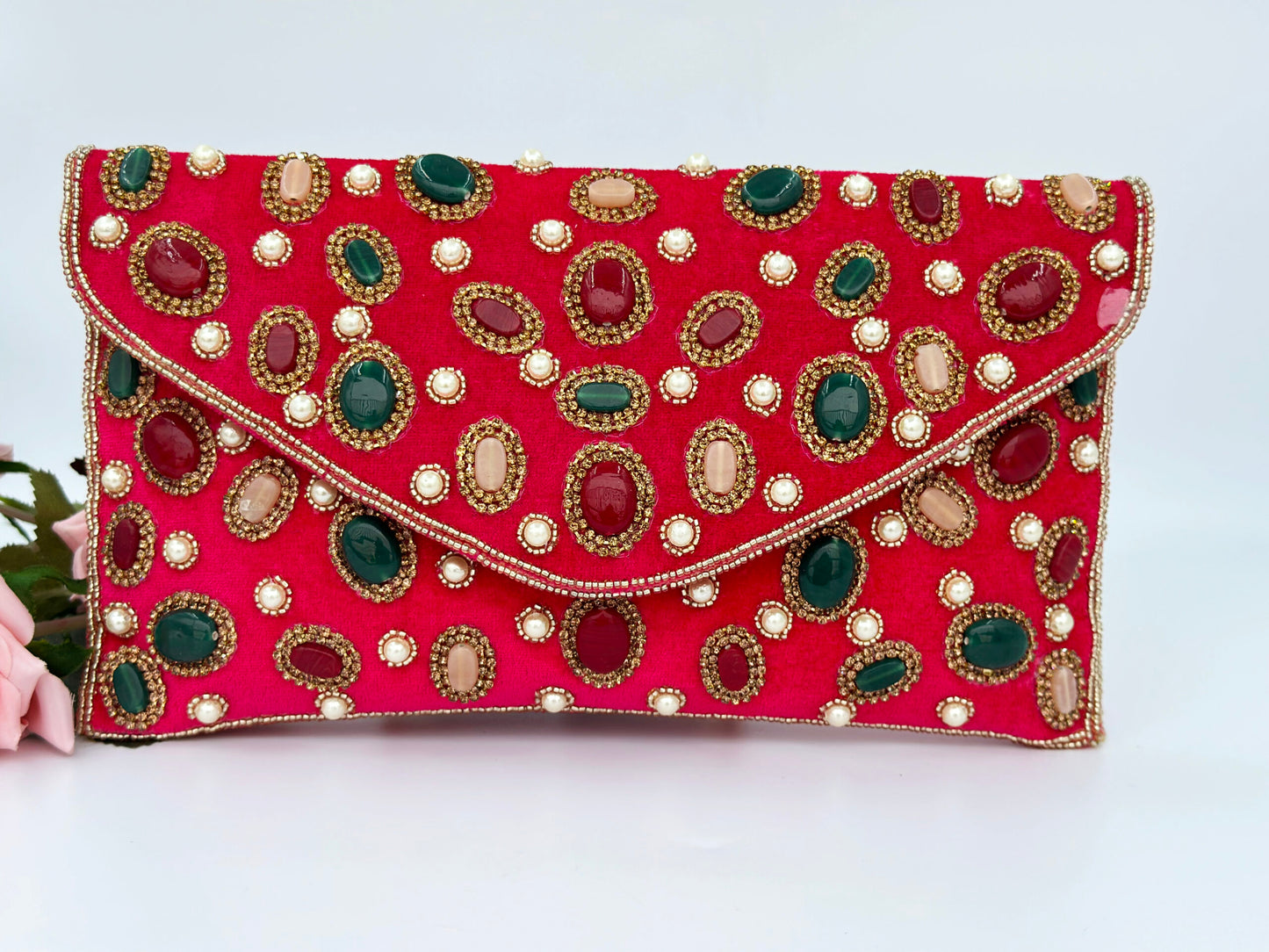 SPARKLING DARK PINK MULTI COLOUR STONE STUDDED PARTY CLUTCH