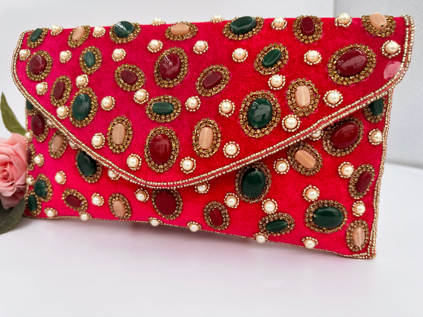 SPARKLING DARK PINK MULTI COLOUR STONE STUDDED PARTY CLUTCH