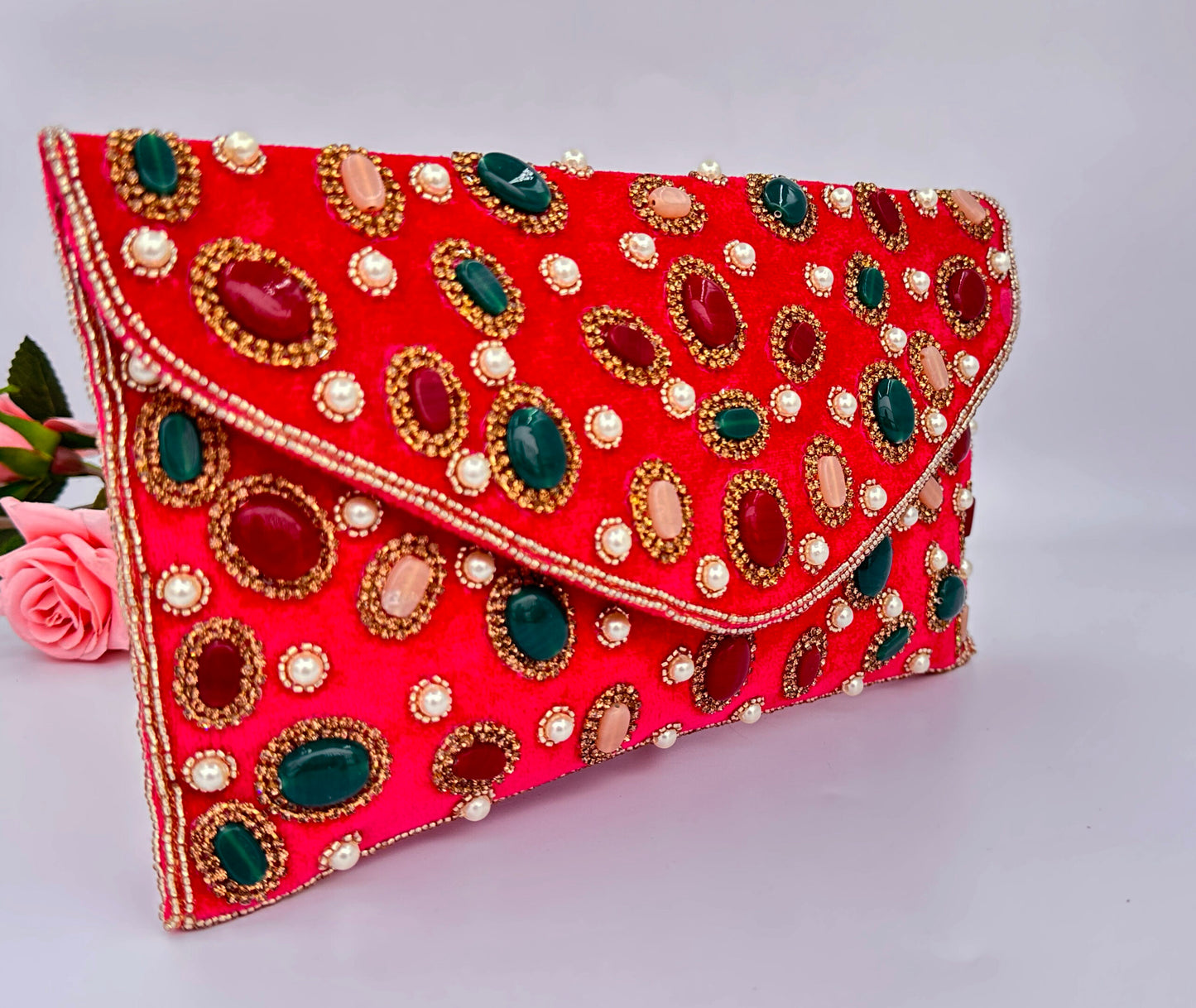 SPARKLING DARK PINK MULTI COLOUR STONE STUDDED PARTY CLUTCH