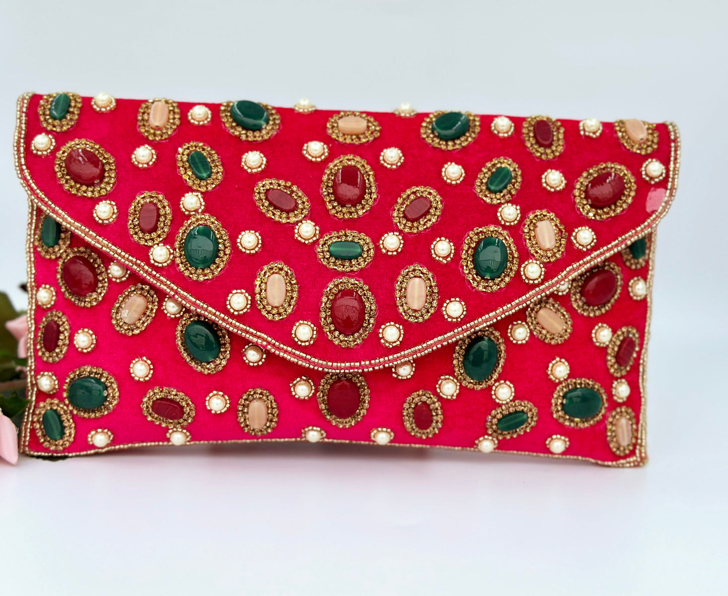 SPARKLING DARK PINK MULTI COLOUR STONE STUDDED PARTY CLUTCH