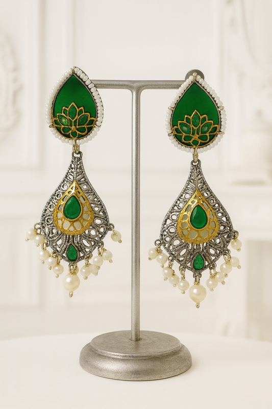 Kundan Teardrop Dangle Earrings with Pearls - Green Enamel Work